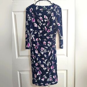 Lauren Ralph Lauren Faux Wrap Dress 8 Navy Blue Purple Floral Office Party Vneck